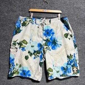 Quiksilver Board Shorts Mens 36 Blue White Floral Hawaii‎ Hibiscus Swim Trunks